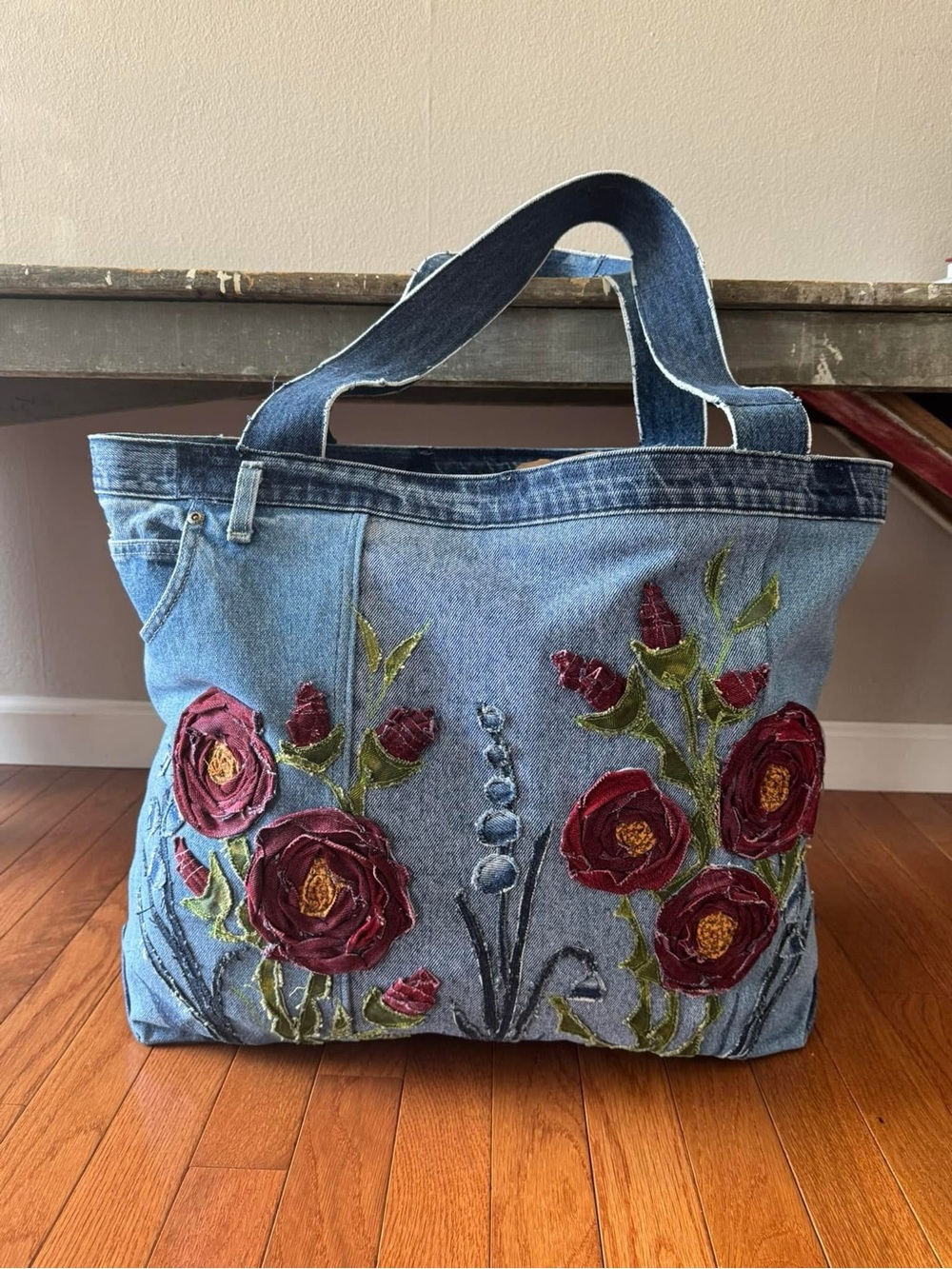 Handcrafted “Rose Garden” Denim Oversized Tote - Picture 1 of 16